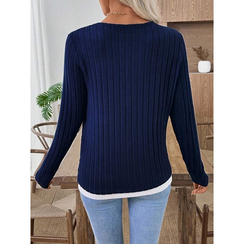Women's Blouse Solid Color Stylish Casual Long Sleeve Crew Neck Regular Tops Daily Patchwork Buttons Black Red Navy Blue Gray Spring Fall Winter2