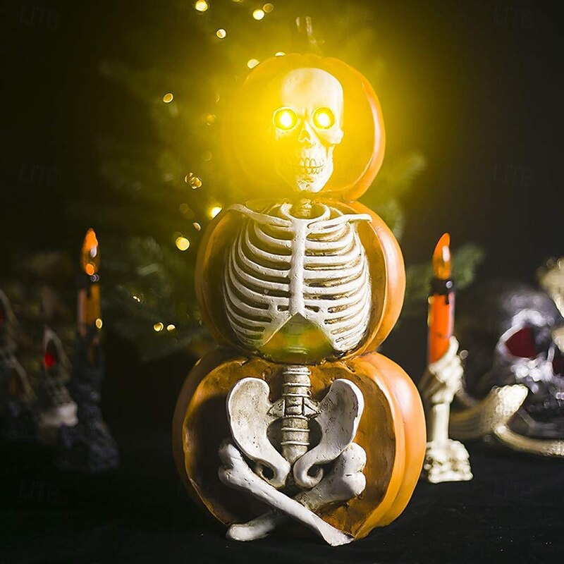 Halloween Decorations Pumpkin Skull Skeleton Desktop Ornaments Decoration for Halloween, Resin Material with LED Light Halloween Figurines Sculpture Decor
