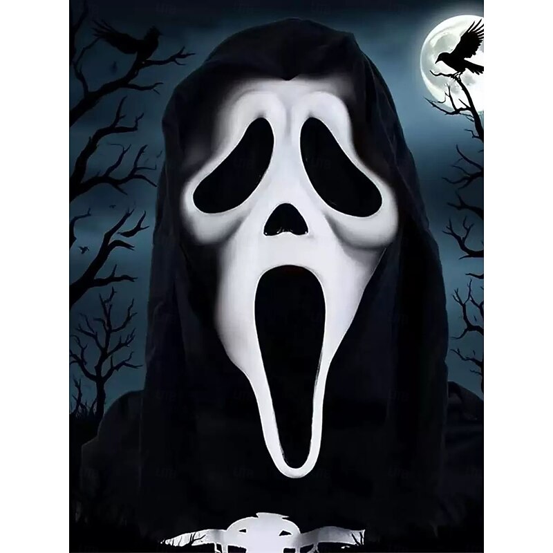Unisex Latex Ghost Face Mask with Hood, Horror Scary Costume Accessory for Halloween Parties and Masquerade Balls