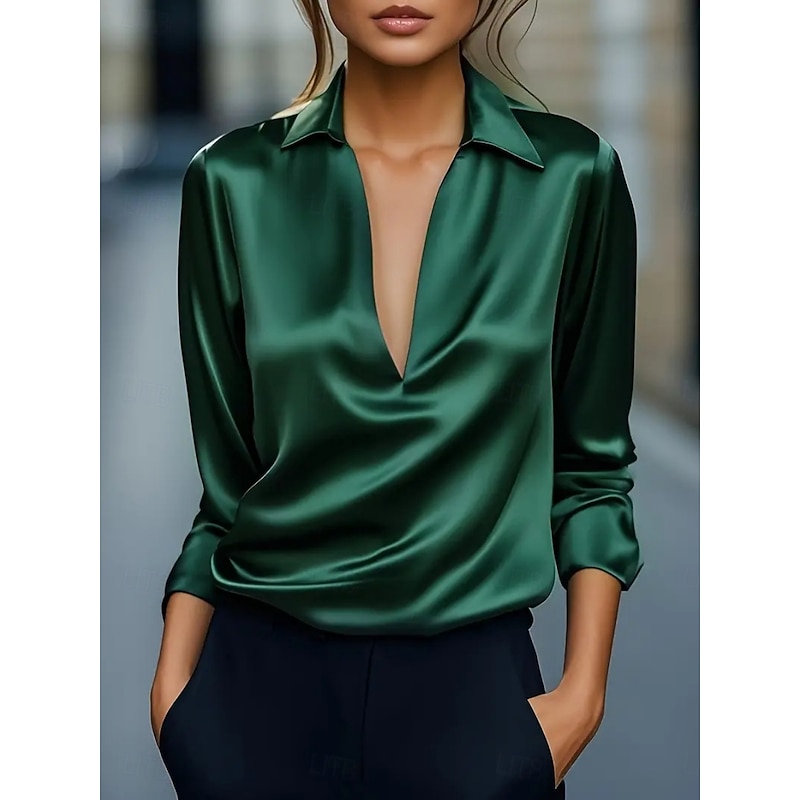 Women's Blouse Solid Color Elegant Stylish Basic Long Sleeve V Neck Regular Tops Daily Black White Wine Blue Green Summer Spring Fall
