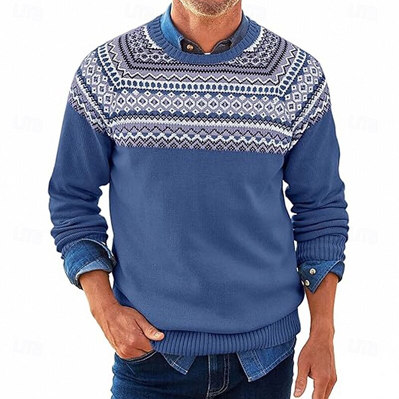 Men's Geometic Diamond Pattern Pullover Sweater Jumper Fair Isle Sweater Knitwear Crewneck Casual Vacation Daily 3D Print Keep Warm Long Sleeve Spring Fall Winter White Blue Brown2