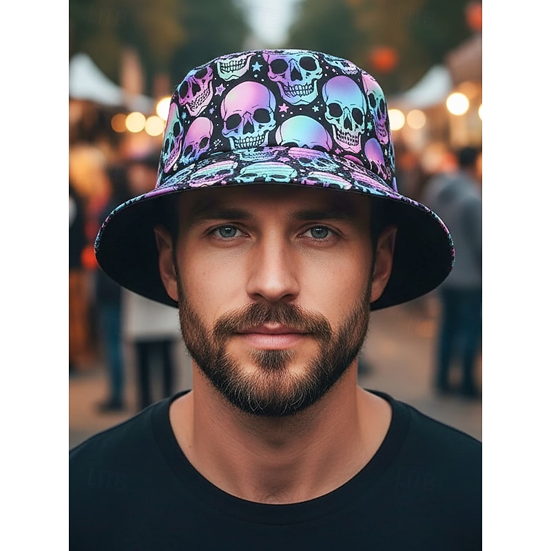Unisex Halloween Reversible Bucket Hat with Skull and Floral Prints – Streetwear Style Festival Party Outdoor Accessory