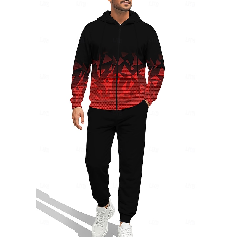 Men's Hoodie Tracksuit Zip Hoodie Drawstring Pockets Geometric Pants Hoodie Sweatshirt Fall Red / black Gym Workout Casual Basketball Baggy Long Sleeve Sport Activewear Stretchy Regular Fit