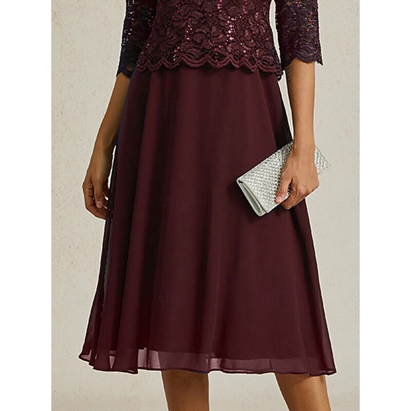 Women's Midi Dress A Line Dress Elegant Wedding Guest Evening Party Regular Fit Solid Color 3/4 Length Sleeve Crew Neck Wine Spring Fall Winter3