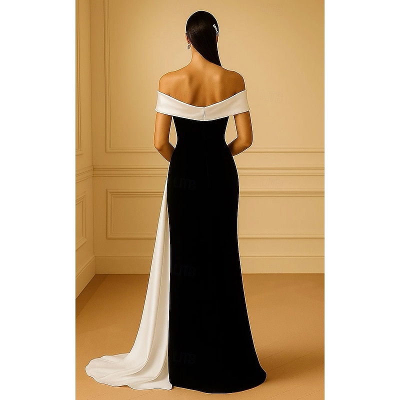 Black and White Mermaid / Trumpet Evening Gown Elegant Formal Dress Formal Wedding Sweep / Brush Train Sleeveless Off Shoulder Satin with Pleats 20252