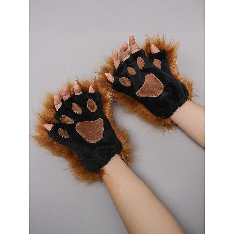 Women's Halloween Furry Paw Gloves – Plush Animal Claw Costume Accessories for Parties, Cosplay and Themed Events