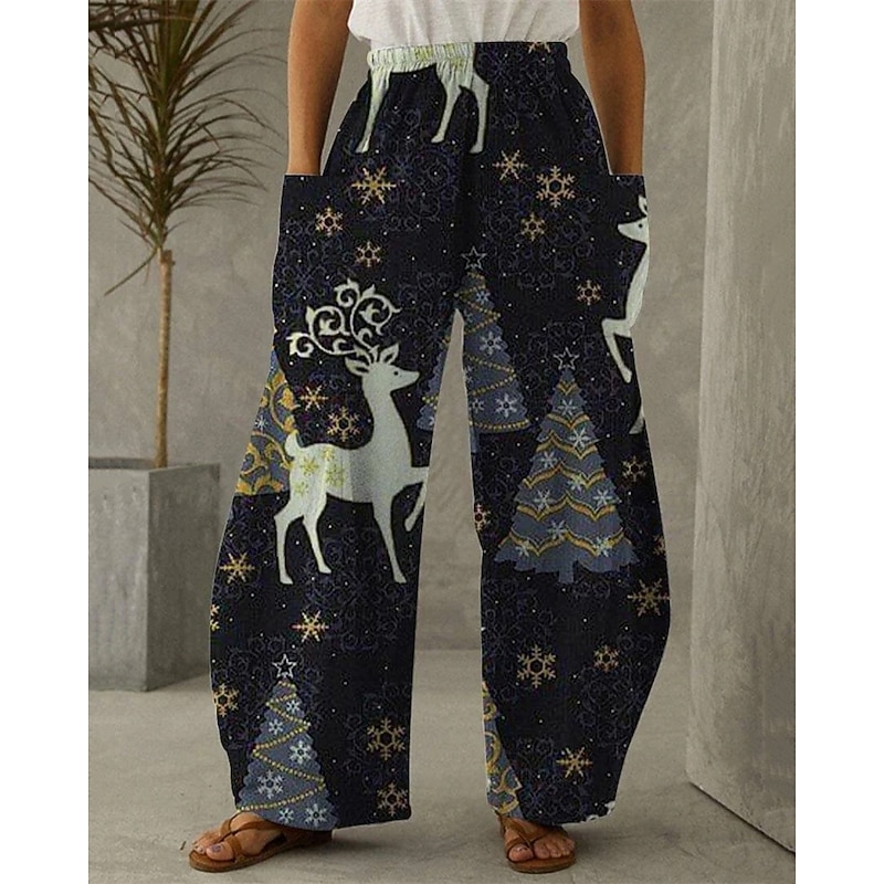 Women's Wide Leg Pants Trousers Vacation Ethnic Style Basic Full Length High WaistPantsChristmas Graphic Reindeer Pocket Elastic Waistband Print Comfy Breathability Inelastic Vacation Casual Daily