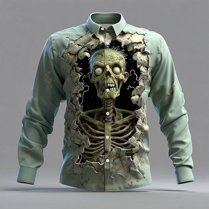 Halloween Men's Zombies Skeleton Cracked Wall Shirt Button Up Shirt Long Sleeve Dark Gothic Style Holiday Streetwear Spring Fall Turndown 3D Print Collared Shirts Green 1# Green Light Green2