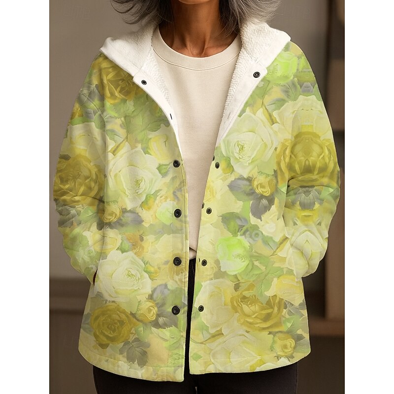 Women's Winter Coat Winter Jacket Warm Quick Dry Buttons Daily Modern Casual Comfortable Floral Vacation Casual Athleisure Daily Regular Hooded Loose Fit Sleeveless Outerwear Light Blue Yellow Pink4