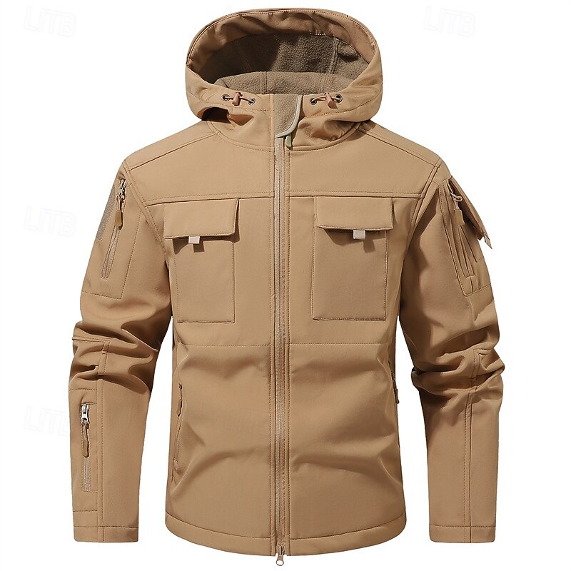 Men's Outdoor Jacket Softshell Jacket Hiking Jacket Vacation Daily Windproof Waterproof Pocket Fall Winter Plain Camouflage Fashion Classic Hooded Regular Gray Green Dark Gray Black Green Khaki Jacket - Main Image