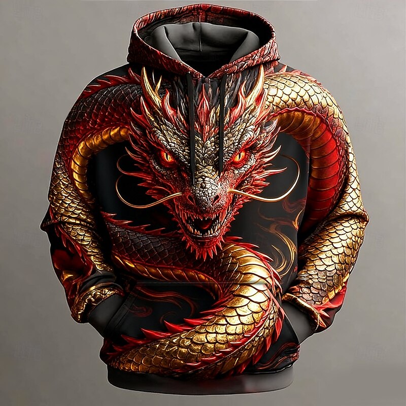 Men's Dragon 3D Print Hoodie Sweatshirt Cool Party Crew Neck Club Streetwear Black 1 Black Drawstring Fall Winter Designer3