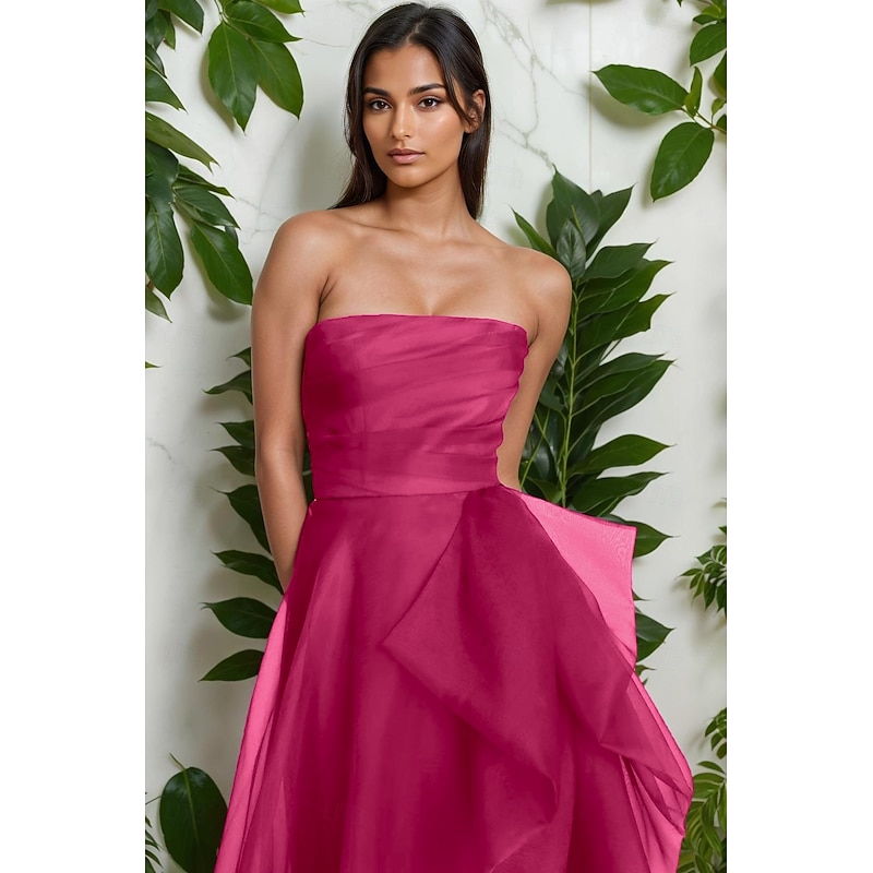 A-Line Evening Gown Celebrity Style Dress Formal Wedding Guest Floor Length Sleeveless One Shoulder Organza with Ruched Ruffles Slit2