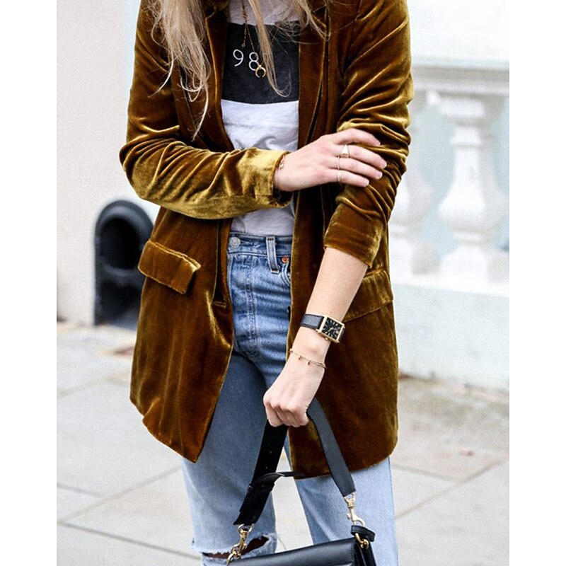 Women's Blazer Casual Jacket Comfortable Pocket Buttons Casual Plain Vacation Daily Wear Going out Weekend Regular Turndown Regular Fit Long Sleeve Outerwear Black Yellow Wine Fall Winter2