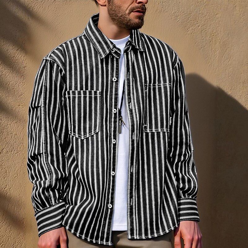 Men's Shirt Casual Shirt Button Up Shirt Denim Shirt Black Blue Long Sleeve Stripe Lapel Vacation Holiday Pocket Clothing Apparel Polyester Fashion Casual Comfortable3