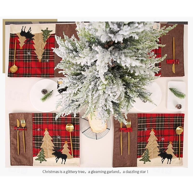 4 Pack Christmas Plaid Table Placemats, Festive Checkered Fabric Dining Mats, Reindeer and Tree Print, Heat-Resistant Holiday Table Decor3
