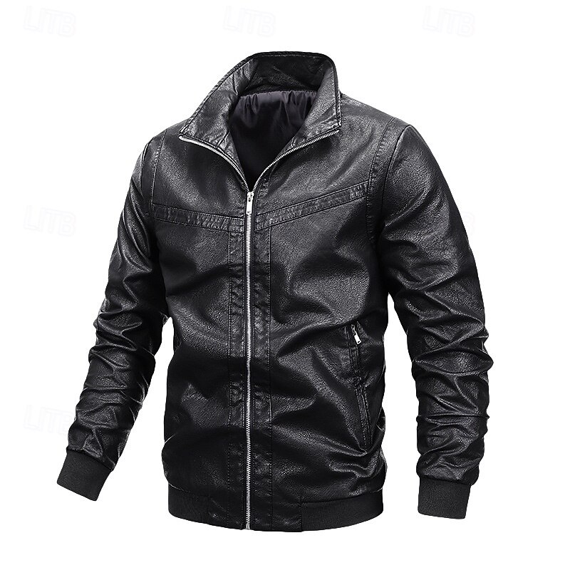 Men's Faux Leather Jacket Biker Jacket Motorcycle Jacket Vacation Daily Windproof Warm Pocket Spring Fall Plain Fashion Classic Stand Collar Regular Black Wine Jacket2