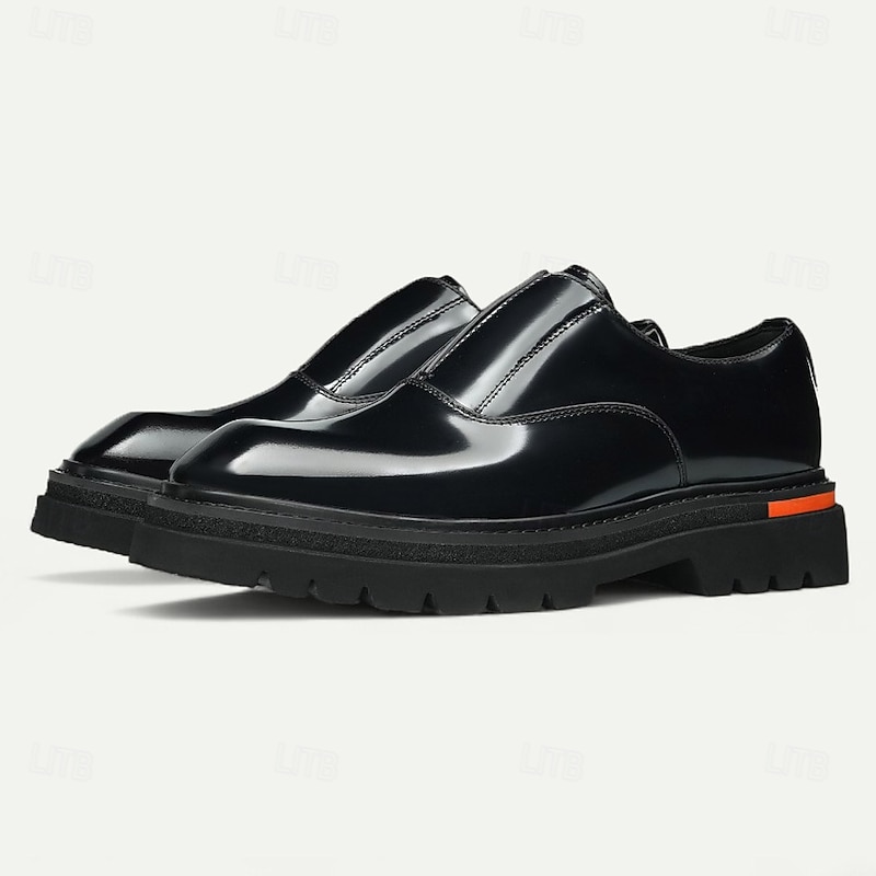 Men's Glossy Brown Leather Loafers – Classic Slip-On Business Shoes with Square Toe for Work, Banquets and Special Occasions3