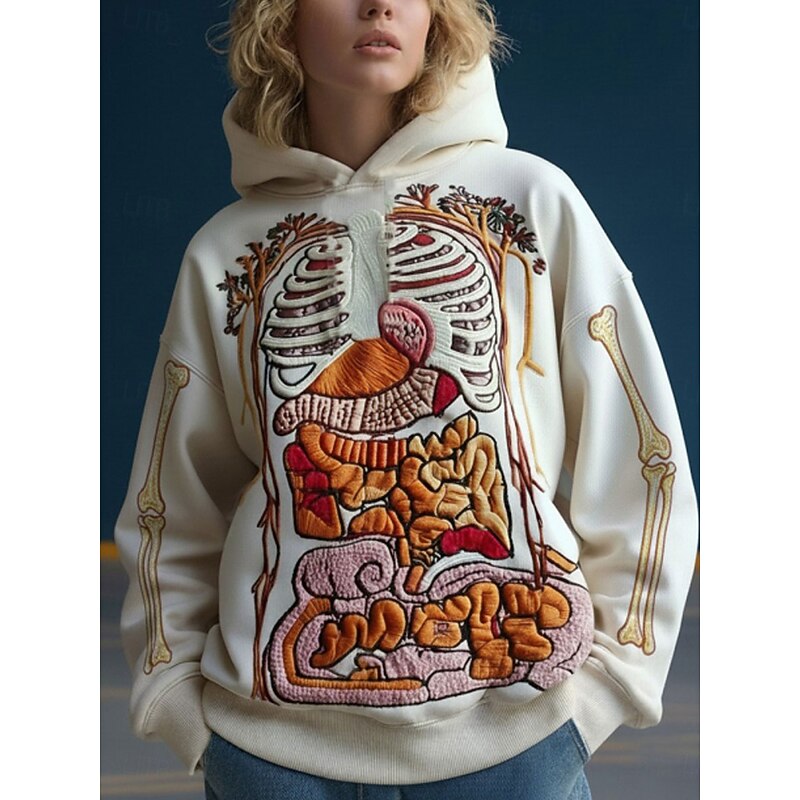 Halloween Women's Pullover Hoodie Sweatshirt Skeleton Graphic Monster Casual Long Sleeve Hooded Regular Tops Party Evening Wear Street Dailywear Beige Spring Fall Winter