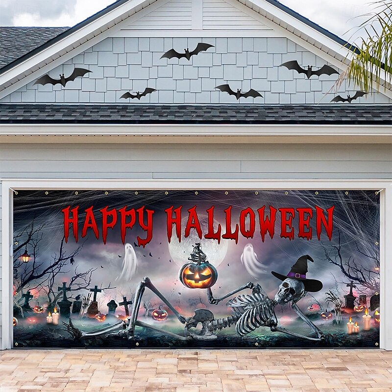 Halloween Garage Door Cover Large Hanging Backdrop Skeleton Cemetery 3D Dark Punk Gothic Style Party Outdoor Shooting Backgrounds Yard Haunted House Home Decor