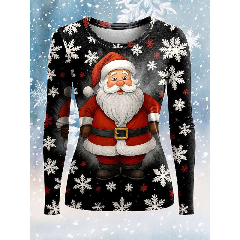 Christmas Women's T Shirt Graphic Santa Claus Fashion Casual Long Sleeve Crew Neck Regular Tops Daily Weekend Print Black White Pink Red Spring Fall Winter3