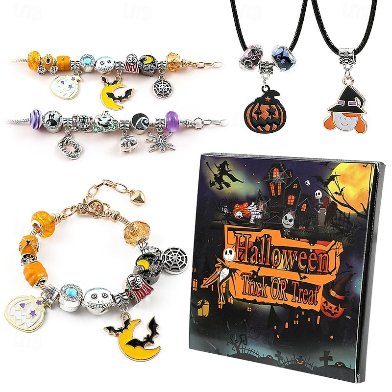Halloween Advent Calendar Halloween Treasures Charm Bracelet 24 Days DIY Jewelry Making Kit with 20 Charm Beads and 3 Adjustable Bracelets, Xmas Countdown Gift for Kids Teens Women