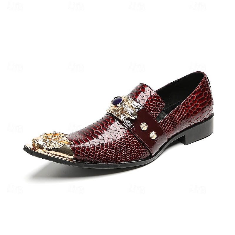 Men's Genuine Cowhide Leather Burgundy Crocodile Print Loafers with Decorative Metal and Gemstone – Luxury Business and Formal Party Shoes3