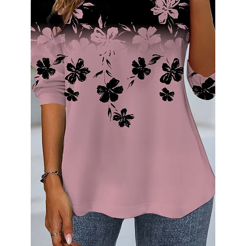 Women's T Shirt Ombre Floral Graphic Vintage Stylish Classic Long Sleeve Crew Neck Round Neck Regular Tops Daily Print Dusty Rose Spring Fall Winter3