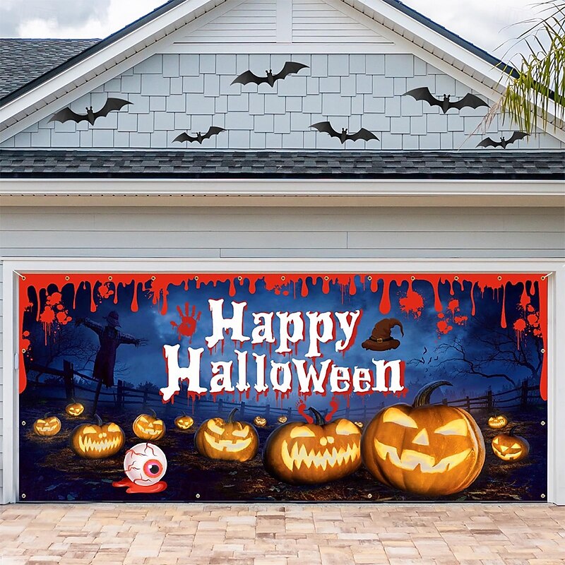 Halloween Garage Door Cover Large Hanging Backdrop Pumpkin Bloodstains Dark Punk Gothic Style Party Outdoor Shooting Backgrounds Yard Haunted House Home Decor2