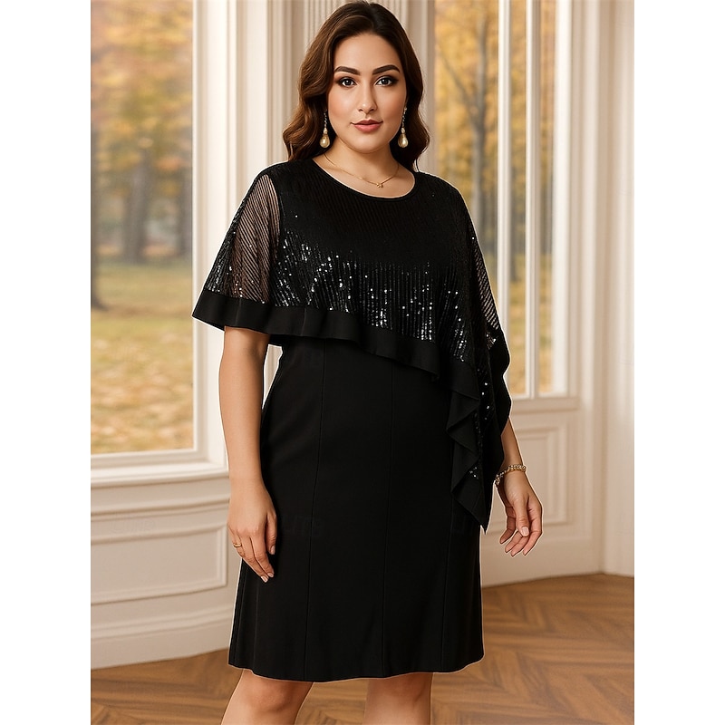 Sheath / Column Mother of the Bride Dress Black Dress Plus Size Sparkle & Shine Crew Neck Knee Length Chiffon Sequined Half Sleeve with Sequin3