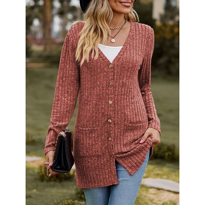 Women's Sweater Cardigan Elegant Fashion Streetwear Pure Color V Neck Pocket Knitted Long Sleeve Regular Tops Knit Outdoor Daily Weekend Wine Red Black Fall Winter