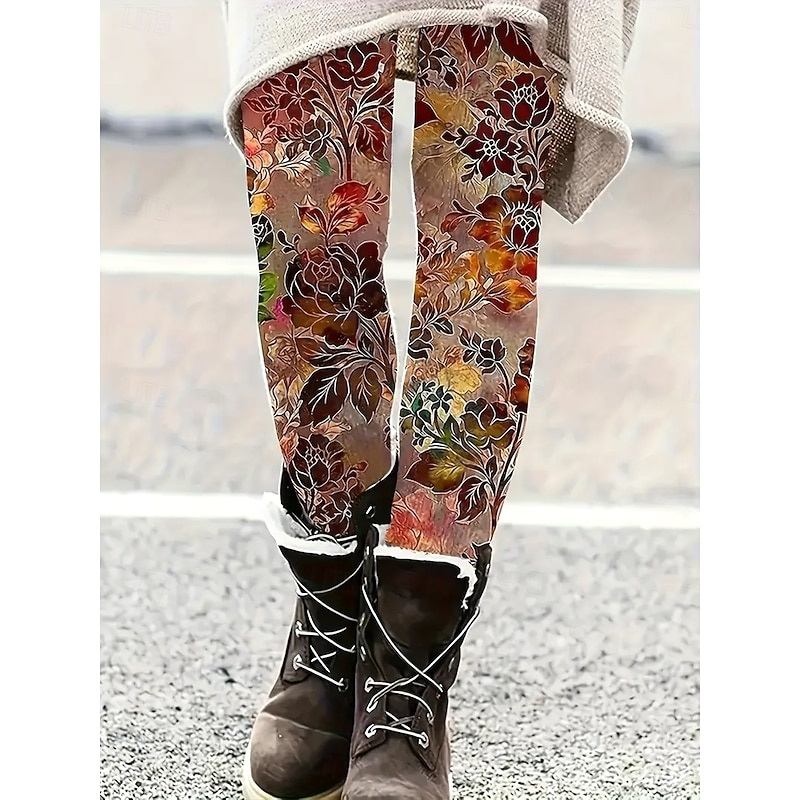 Women's Slacks Leggings Cozy Leggings Vacation Vintage Streetwear Full Length Natural Floral Graphic Leaf Drawstring Patchwork Elastic Waist Comfy Outdoor Comfortable High Elasticity Outdoor Vacation