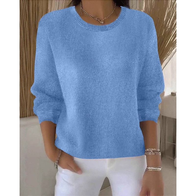 Women's Sweater Fashion Streetwear Casual Pure Color Ribbed Crew Neck Knitted Long Sleeve Regular Tops Knit Outdoor Daily Weekend Light Green Blue Fall Winter3