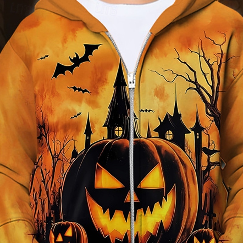 Halloween Unisex Boys' Girls' 3D Pumpkin Hoodie Coat Outerwear Long Sleeve Spring Fall Adorable Sport Kids 4-12 Years Zip Street Daily Regular Fit4