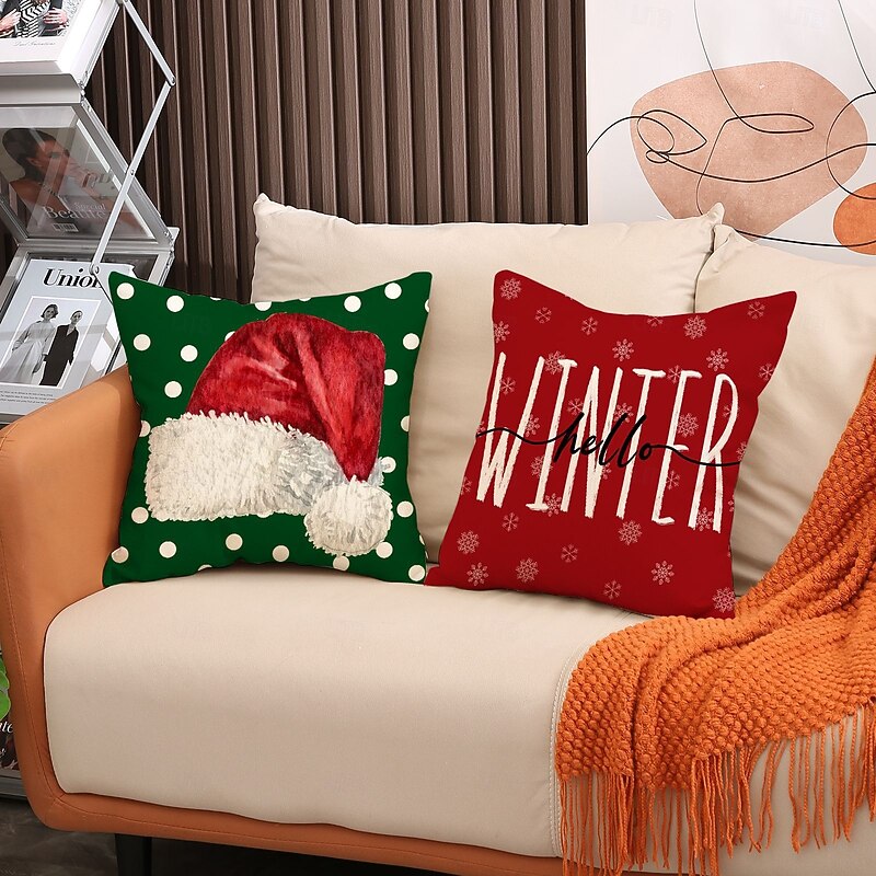 New Red & Green Christmas Pillow Set, Classic Colorblock Decorative Cushions with Christmas Tree Print, Festive Holiday Throw Pillows3