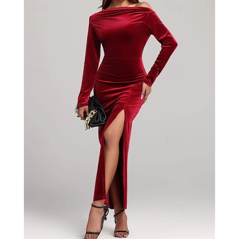 Women's Midi Dress Velvet Dress Cocktail Dress Elegant Fashion Modern Outdoor Party Party Evening Wear Regular Fit Plain Long Sleeve Off Shoulder Red Spring Autumn3