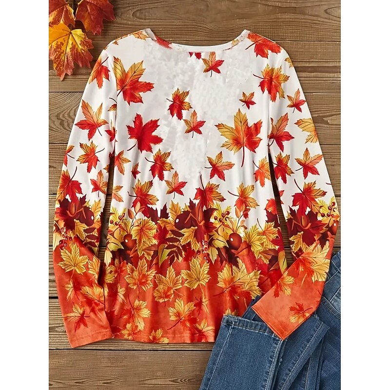 Women's T Shirt Graphic Plants Vintage Stylish Classic Long Sleeve Crew Neck Round Neck Regular Tops Daily Print Orange Green off-white Spring Fall Winter2