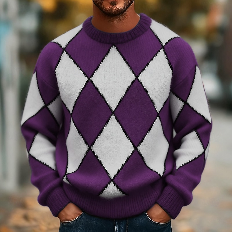 Men's Color Block Pullover Sweater Jumper Knitwear Crewneck Casual Vacation Home Street 3D Print Knitting Keep Warm Long Sleeve Spring Fall Winter Red Blue Purple3