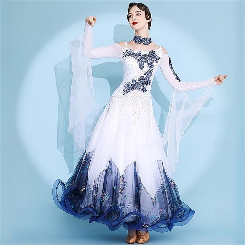 Women's White Lace Diamond Waltz Ballroom Dance Competition Modern Dance Dress
