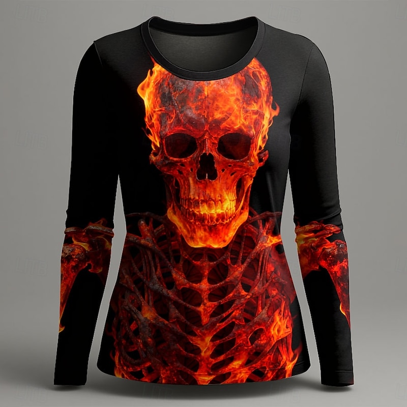 Halloween Women's T Shirt Graphic Skull Fashion Casual Long Sleeve Crew Neck Round Neck Regular Tops Daily Weekend Print Red Blue Purple Green Summer Spring Fall