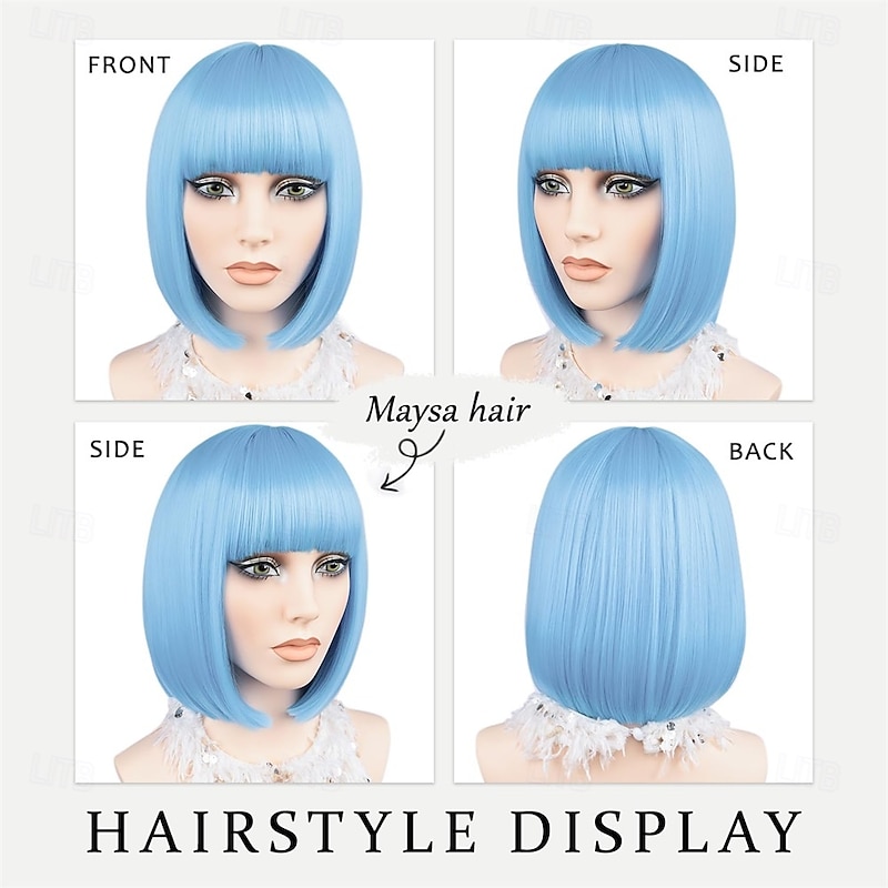 Blue Bob Wig With Bangs Short Straight Bob Bangs Wig 12Inch Synthetic Hair Natural Looking For Daily Party Use # Baby Blue4