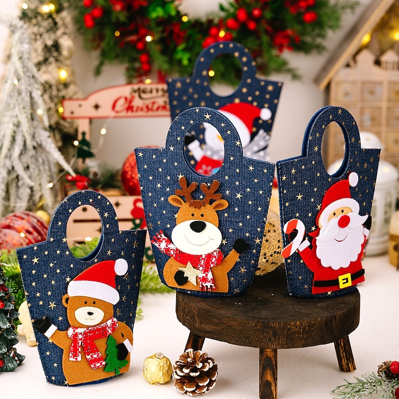 Christmas Denim Gift Bags, Creative Cartoon Tote Bags for Kids & Adults, Holiday Candy Bags and Handheld Party Favor Bags4