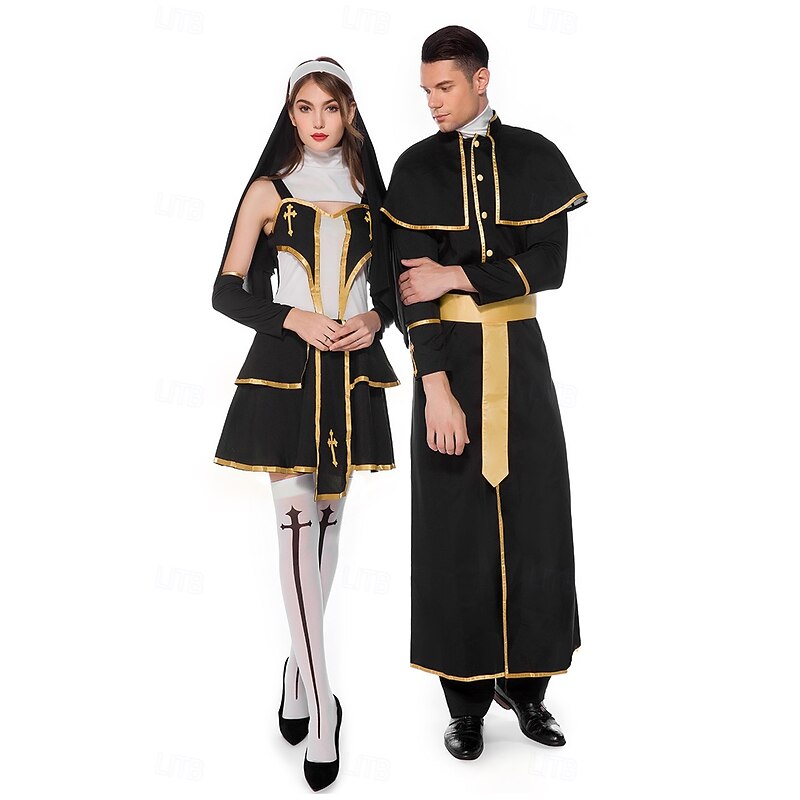 Nun Priest Halloween Dress Fancy Costume Couples' Costumes Religious Cosplay Adults' Women's Halloween Carnival Performance Party Easy Halloween Costumes Dress Up4