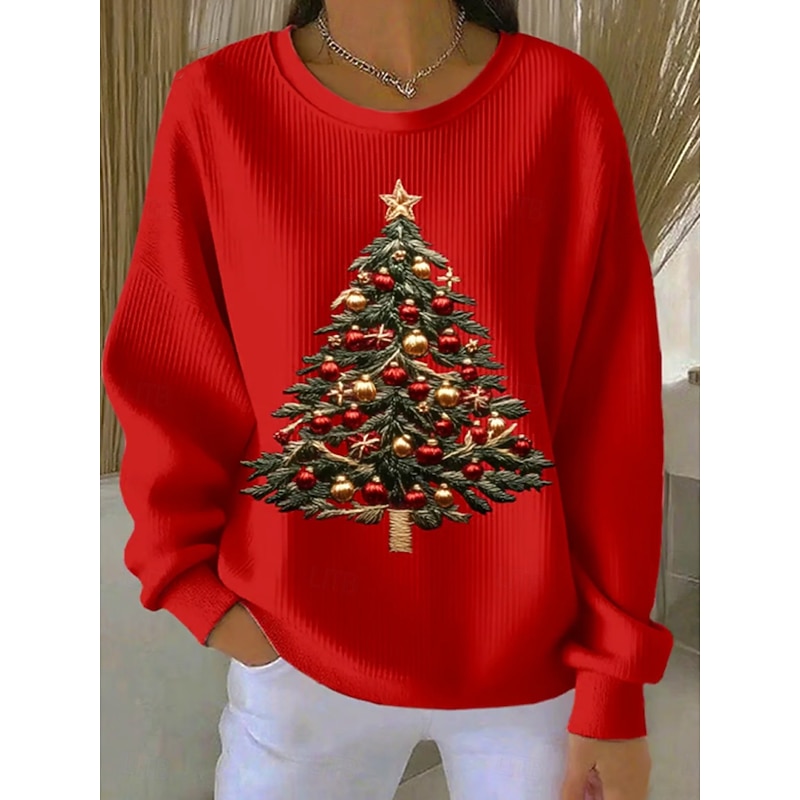 Women's Pullover Sweatshirt Christmas Tree Christmas Casual Long Sleeve Crew Neck Regular Tops Street Dailywear Casual Black Red Green Fall Winter