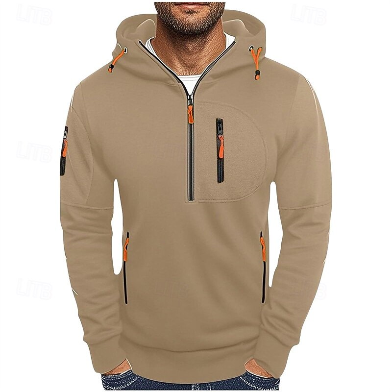 Men's Hoodie Quarter Zip Hoodie Black White Navy Blue Khaki Light Grey Hooded Plain Pocket Quarter Zip Sports & Outdoor Daily Holiday Polyester Streetwear Basic Casual Spring Fall Clothing Apparel