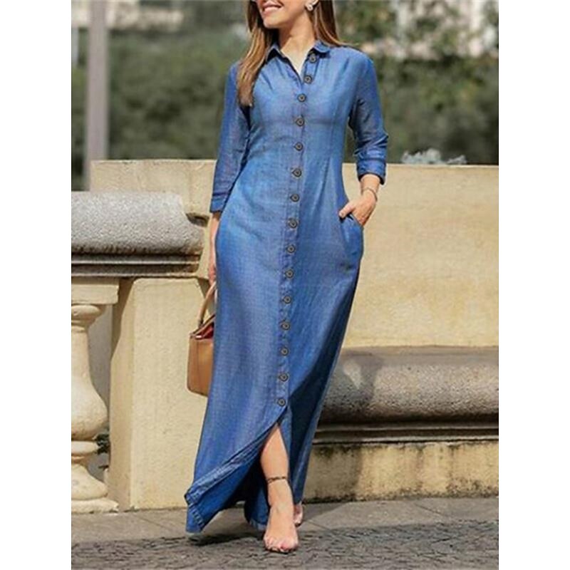 Women's Maxi Dress Shift Dress Casual Daily Regular Fit Plain Long Sleeve Lapel Black Navy Blue Blue Summer Spring Fall