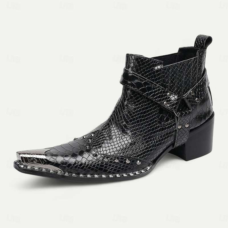 Men's Black Snakeskin Pattern Harley Motorcycle Boots with Pointed Toe, Metal Toe Cap, Ankle Buckle Strap, Western Rock Style Short Boots for Biker Riders, Concerts, Parties and Night Out2
