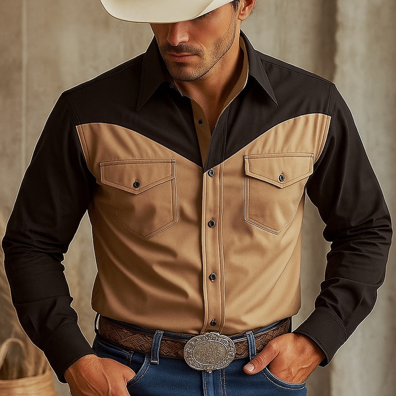 Men's Western Shirt Cargo Shirt Cowboy Shirt Brown Long Sleeve Solid Color Turndown Sports & Outdoor Casual Pocket Clothing Apparel Casual Tactical