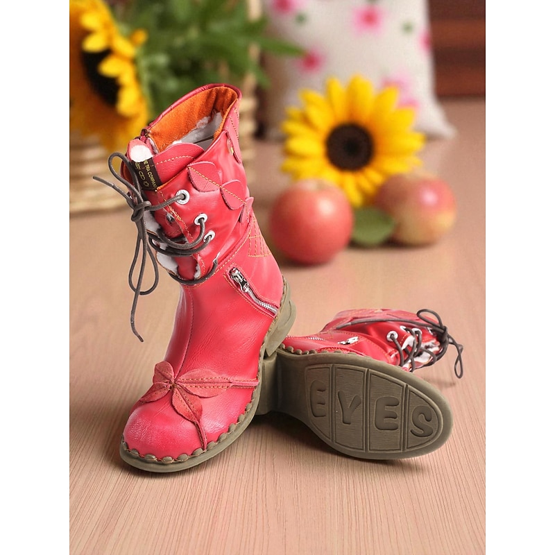 Women's Red Genuine Leather Handmade Lace-Up Boots – Vintage Craft Ankle Boots for Casual and Retro Style3