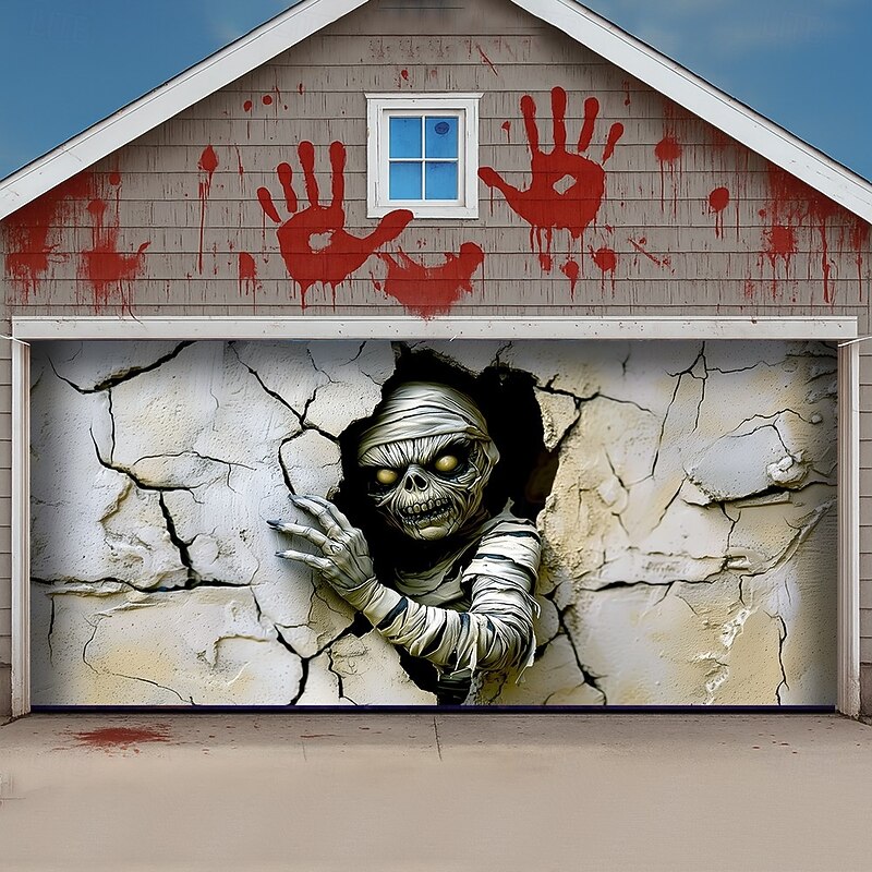 Halloween Garage Door Cover 3D Cracked Wall Mummy with Glowing Eyes Banner Haunted House Horror Scene Spooky Backdrop Tapestry for Outdoor Wall Fence Yard Halloween Party Decoration3