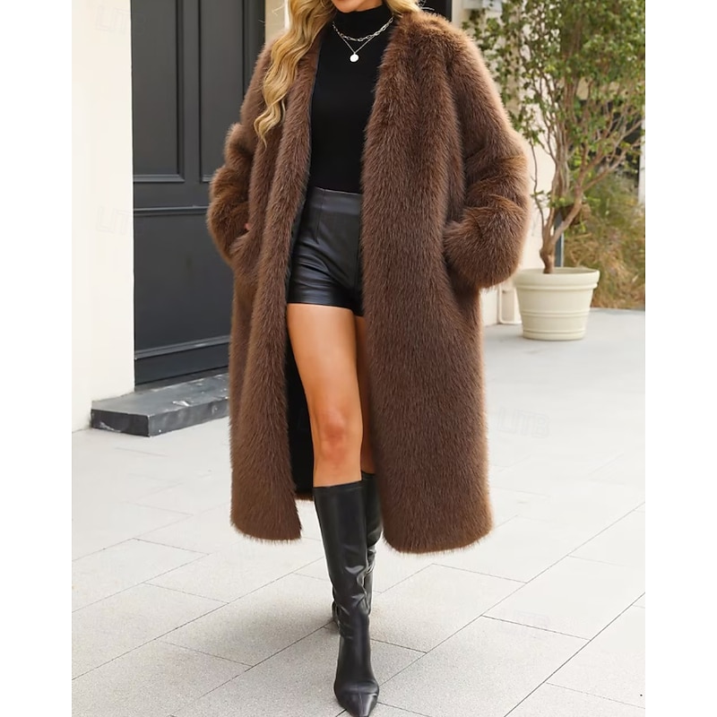 Women's Coat Faux Fur Coat Warm Comfortable Furs & Leathers Fashion Plain Vacation Street Daily Wear Going out Long V Neck Regular Fit Long Sleeve Outerwear Coffee Fall Winter3